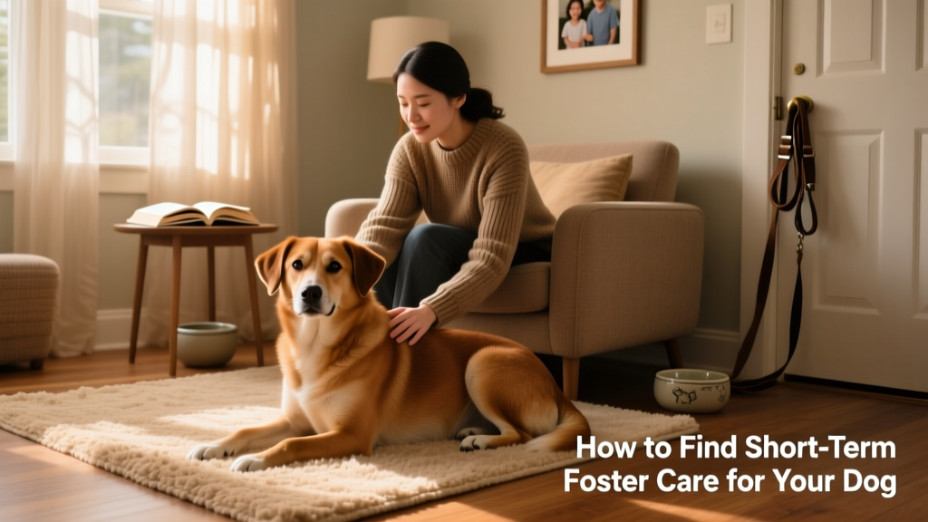 A calm, friendly dog settling into a cozy living room with a caring foster caregiver nearby