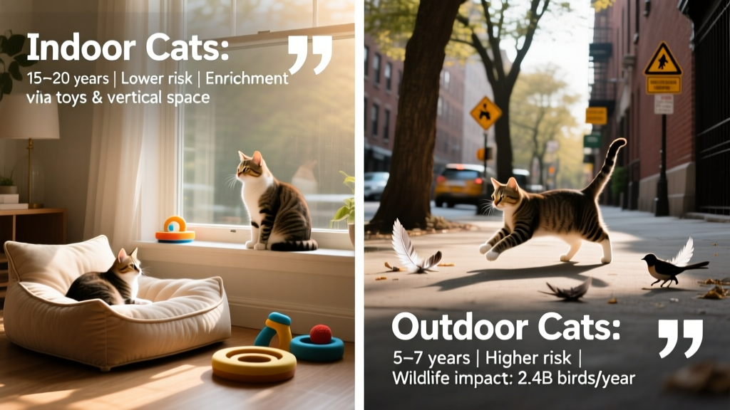 Infographic-style image contrasting indoor and outdoor cat lifestyles: lifespan, common risks, enrichment needs, and wildlife impact