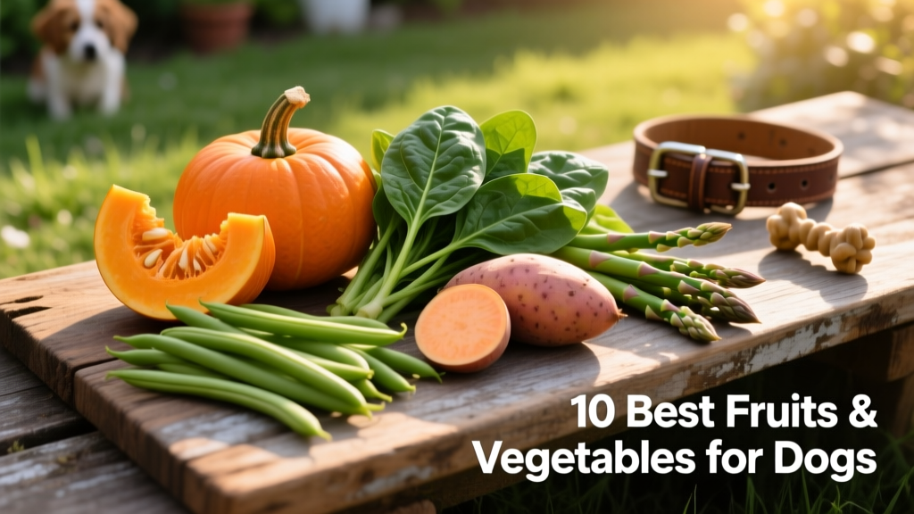 A colorful assortment of dog-safe vegetables—pumpkin, green beans, spinach, sweet potato, and asparagus—arranged on a wooden board