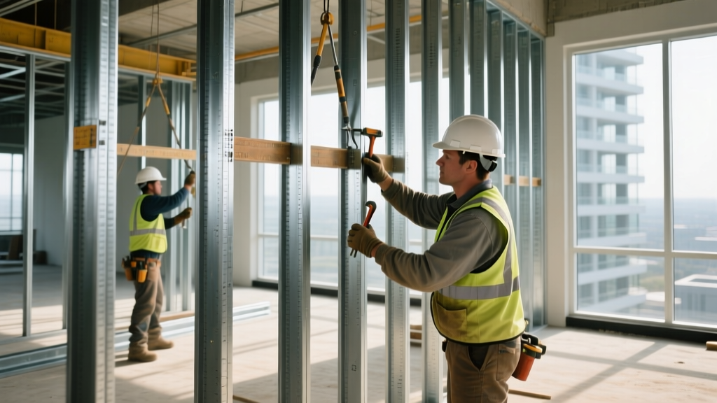 Construction workers installing 16-gauge galvanized commercial steel framing studs on a mid-rise commercial building interior