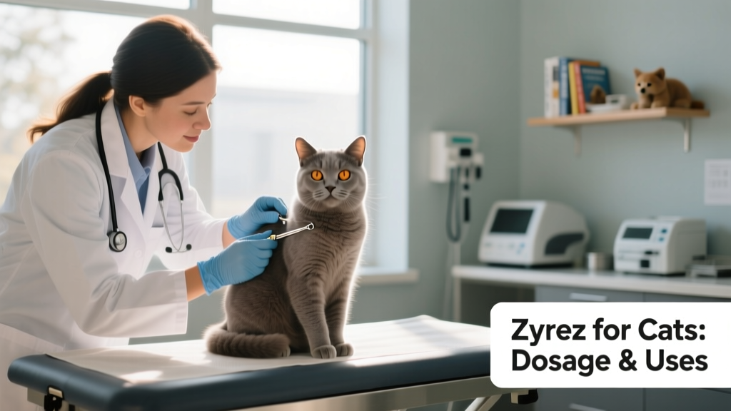 A veterinarian gently examining a calm, seated cat during a routine checkup