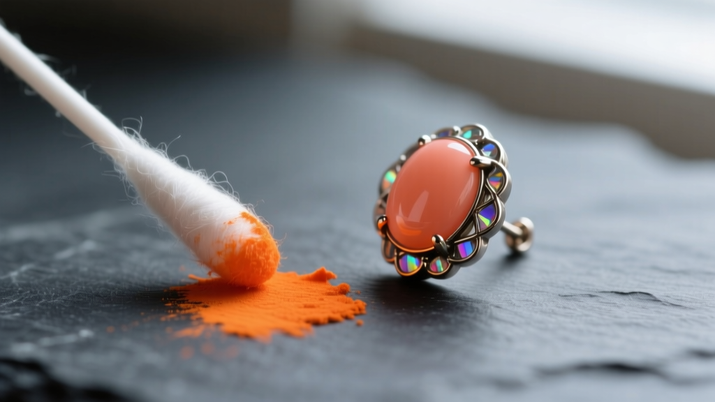 Close-up of a cotton swab with an orange smudge testing a dyed coral earring for colorfastness against a dark slate background