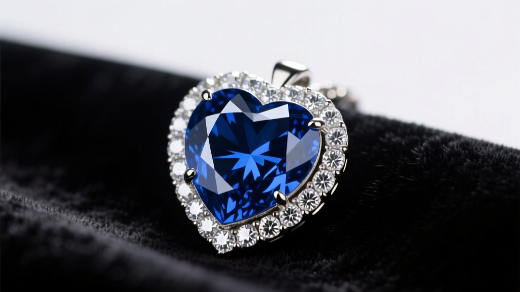 Macro shot of a 5-carat blue sapphire heart pendant with a diamond halo, resting on dark velvet under bright gallery lighting