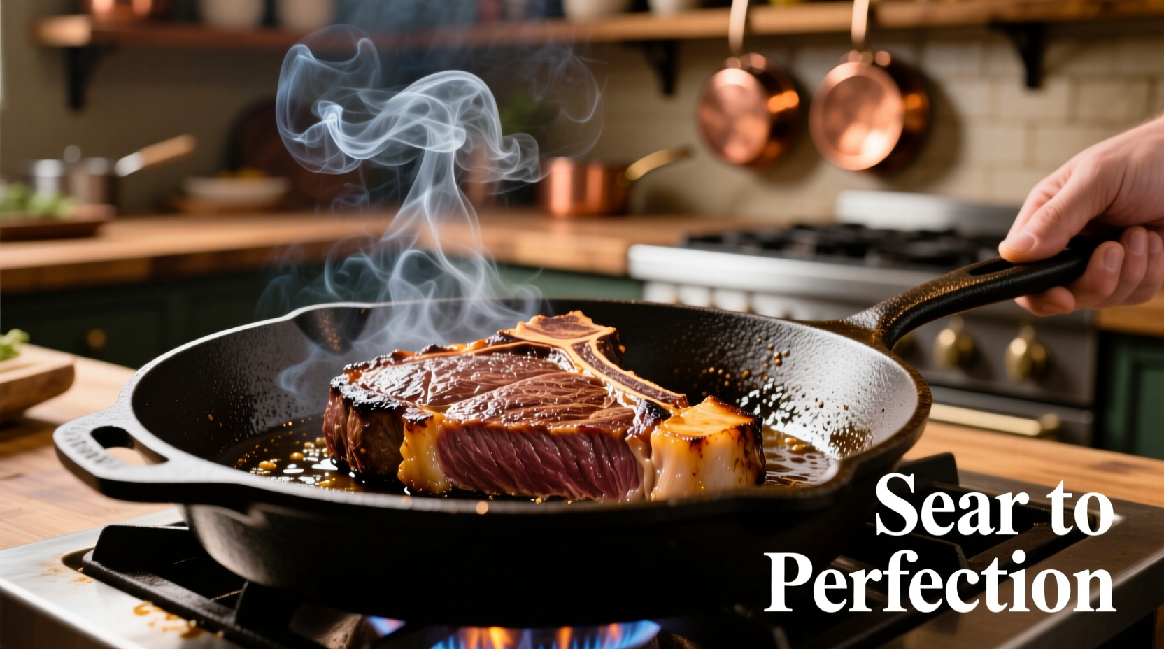 Chef searing frozen steak in cast iron skillet