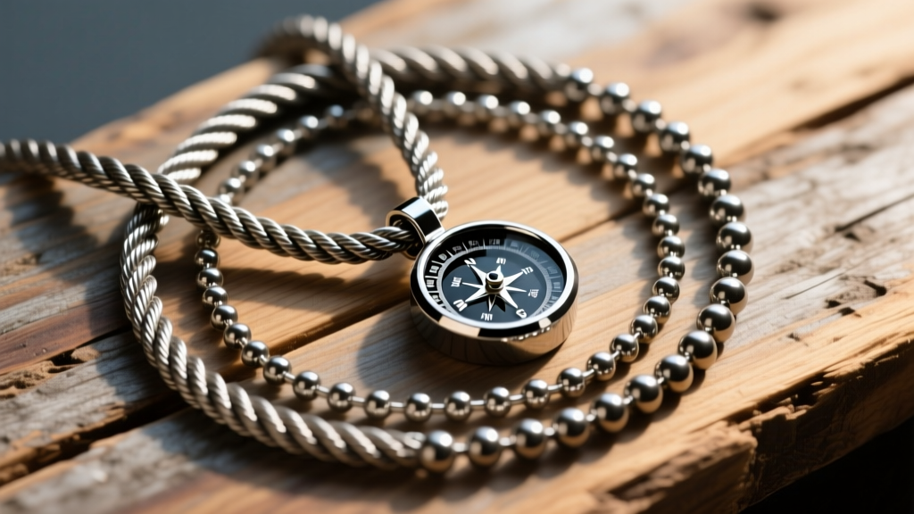 Streetwear flat lay featuring a layered 4mm steel rope chain and a 6mm ball chain with a tungsten carbide compass pendant on wood