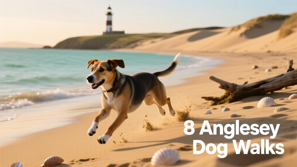 Golden sand dunes and calm turquoise waters at Newborough Beach, with a dog running freely along the shore