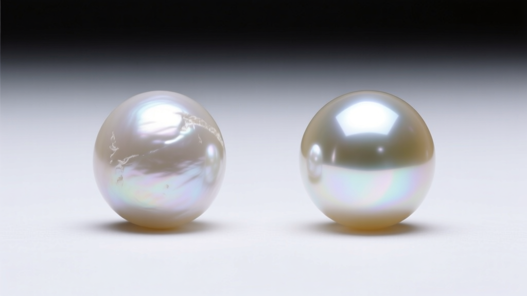 Comparison of a chalky low-luster freshwater pearl and a sharp Akoya pearl under bright lighting on a clean white backdrop.