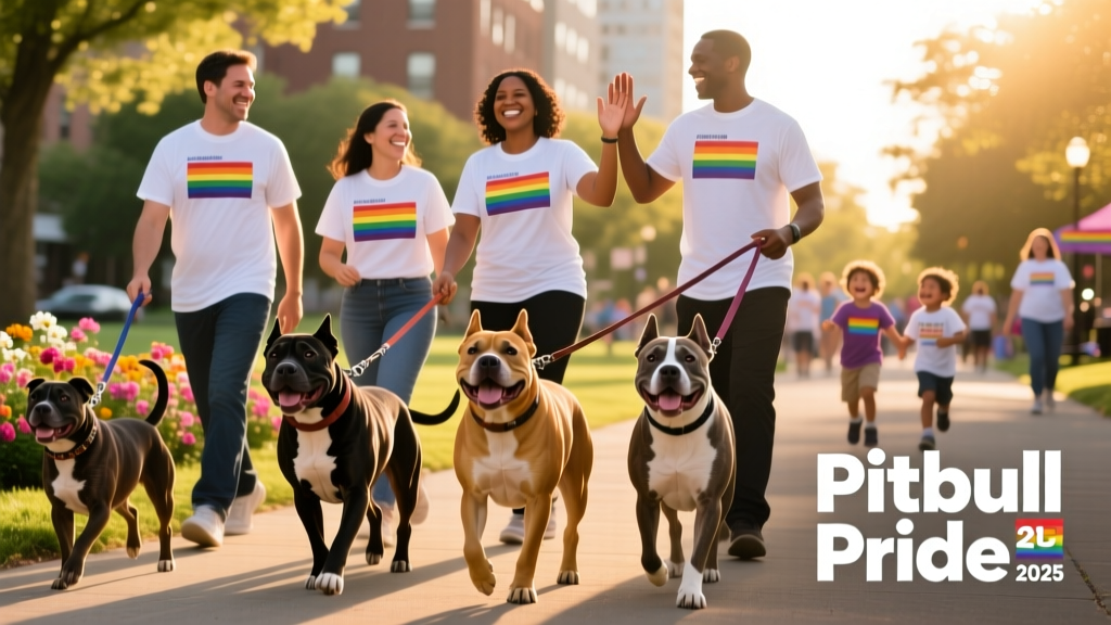 A diverse group of Pitbull-type dogs participating in a community 'Pitbull Pride' walk with volunteers and families