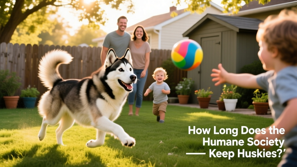 A happy Siberian Husky playing fetch in a sunlit backyard with a new family, tail wagging and full of energy