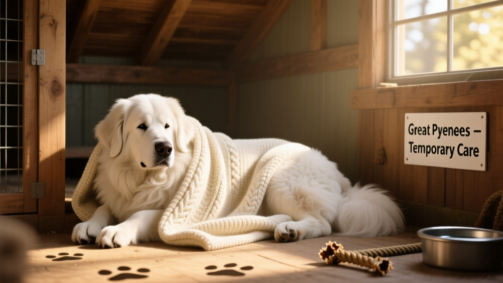 A calm, gentle Great Pyrenees resting in a shelter kennel with a soft blanket
