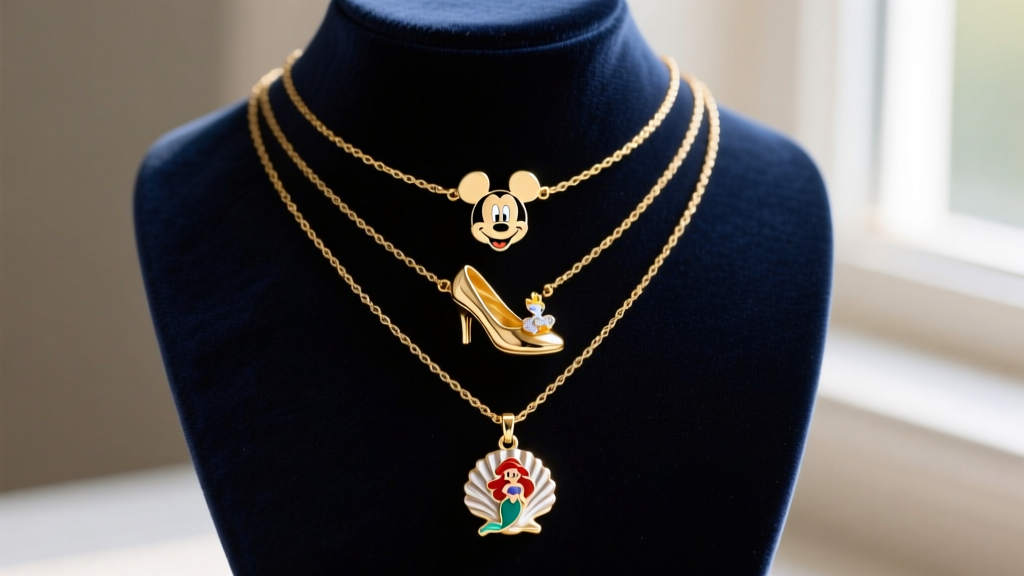 Three gold-plated steel necklaces with varying Disney character charms layered neatly on a dark velvet jewelry display bust