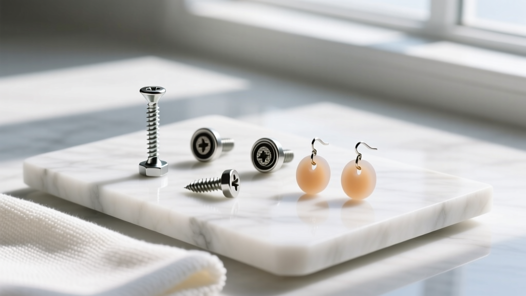 Screw, friction, and silicone earring backs arranged on white marble next to a microfiber cloth in bright, soft natural light.