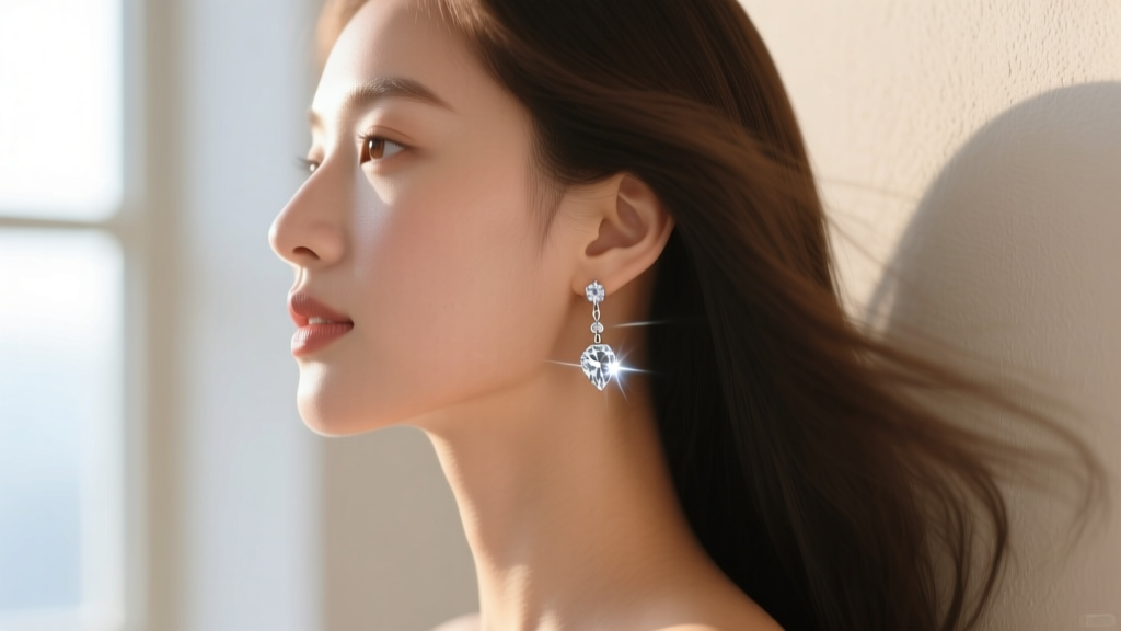 Side profile of a woman wearing minimalist dancing diamond drop earrings, showing kinetic movement and sparkle against her skin