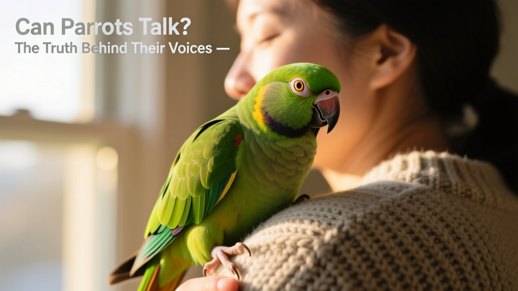 A relaxed conure snuggled against its owner’s shoulder, eyes half-closed in contentment, radiating calm companionship