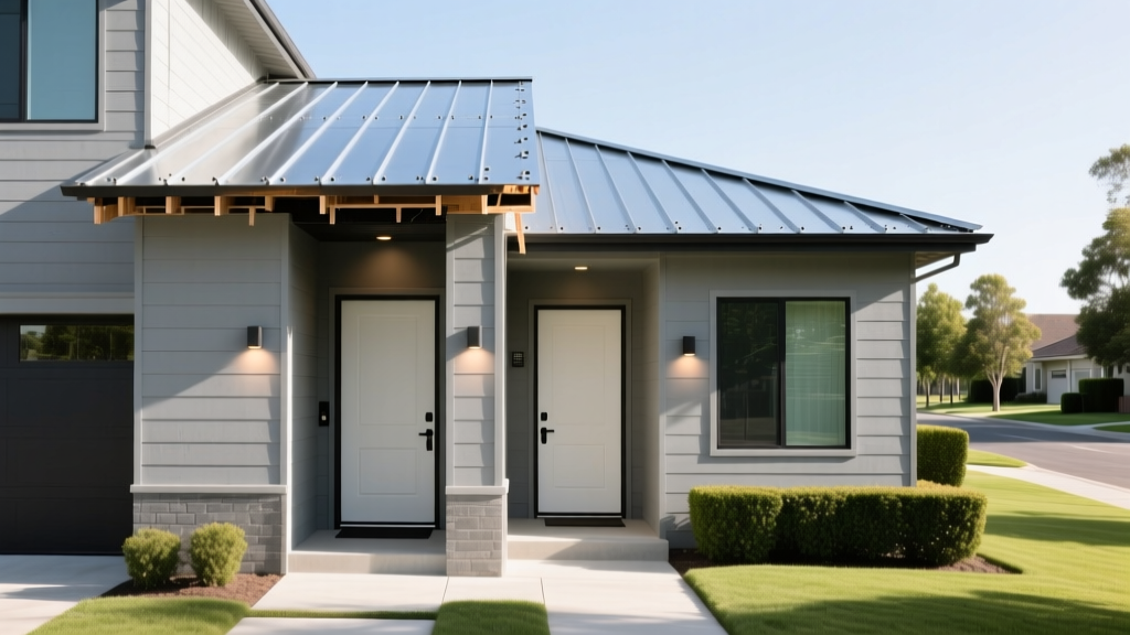 Modern side-by-side duplex with distinct entryways, fiber cement siding, and metal roofing under construction in a suburban neighborhood