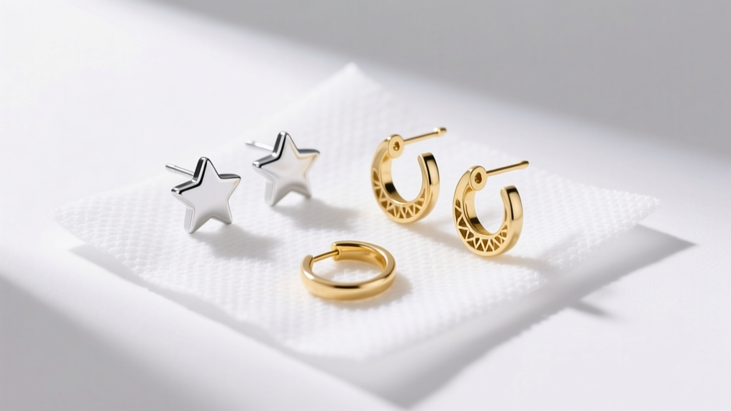 Flat lay of hypoallergenic kids earrings in niobium and gold on sterile medical gauze under bright, clean clinical lighting setup.