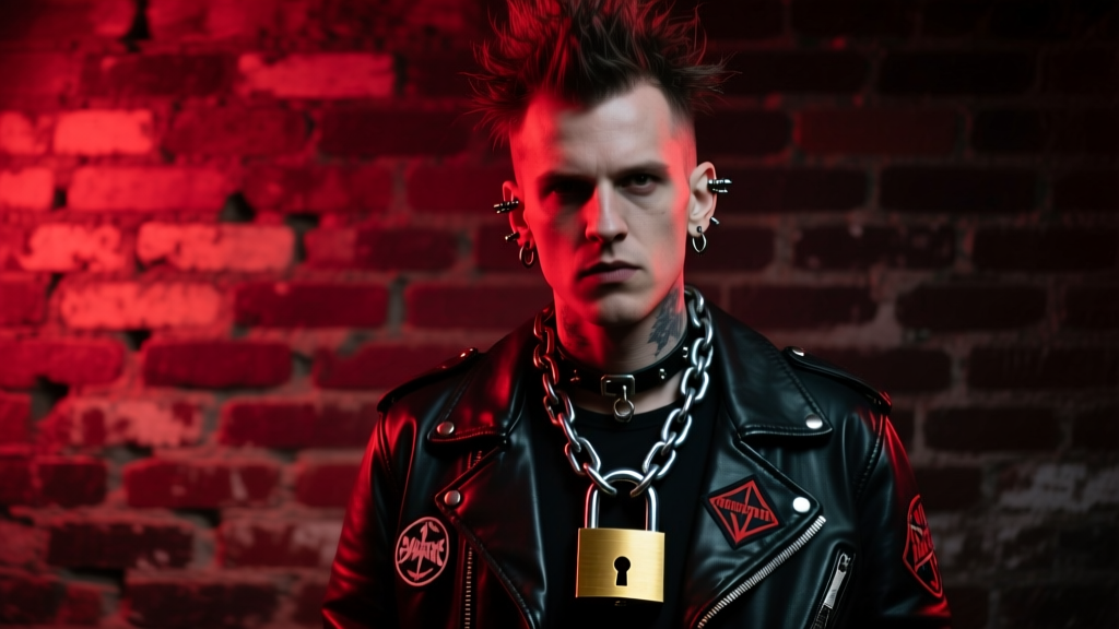 Punk musician wearing a heavy brass padlock on a thick steel chain, lit by moody red stage lighting against a dark brick backdrop