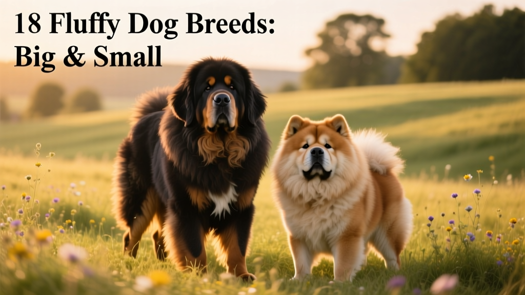 A large fluffy Tibetan Mastiff and Chow Chow standing side by side in a grassy field, showcasing their thick double coats and dignified presence