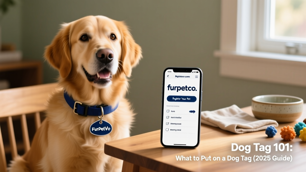 Happy dog wearing a FurPetVo tag on a sturdy nylon collar, sitting beside a smartphone showing the furpetvo.com registration screen