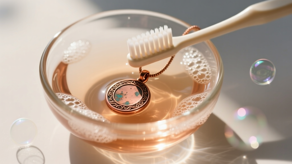 A small glass bowl containing warm soapy water and a soft-bristled toothbrush cleaning a copper alloy pendant, shot from above.