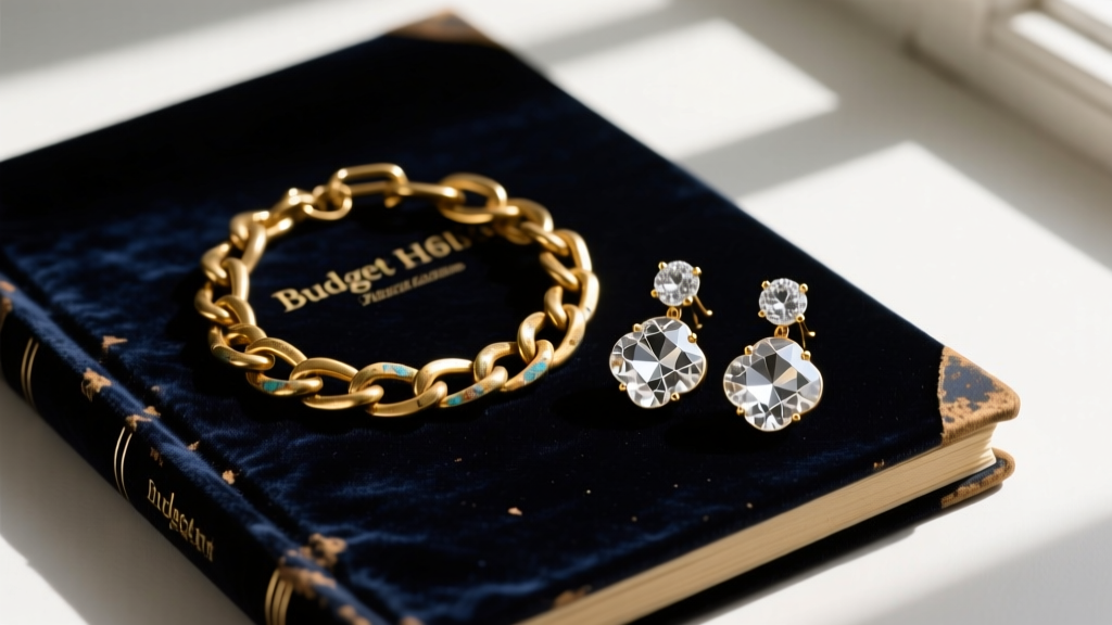 A flat lay of tarnished fashion jewelry including a gold-plated brass chain and cloudy rhinestone earrings resting on a dark velvet budget ledger book