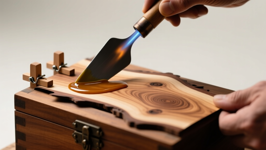 Applying hot hide glue to lifting burl wood veneer on an antique box using a specialized heated spatula and small wooden clamps