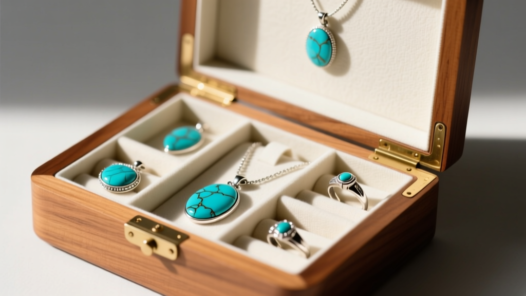 Open wooden jewelry box lined with anti-tarnish cloth, showing separate compartments holding turquoise pendants and silver rings.