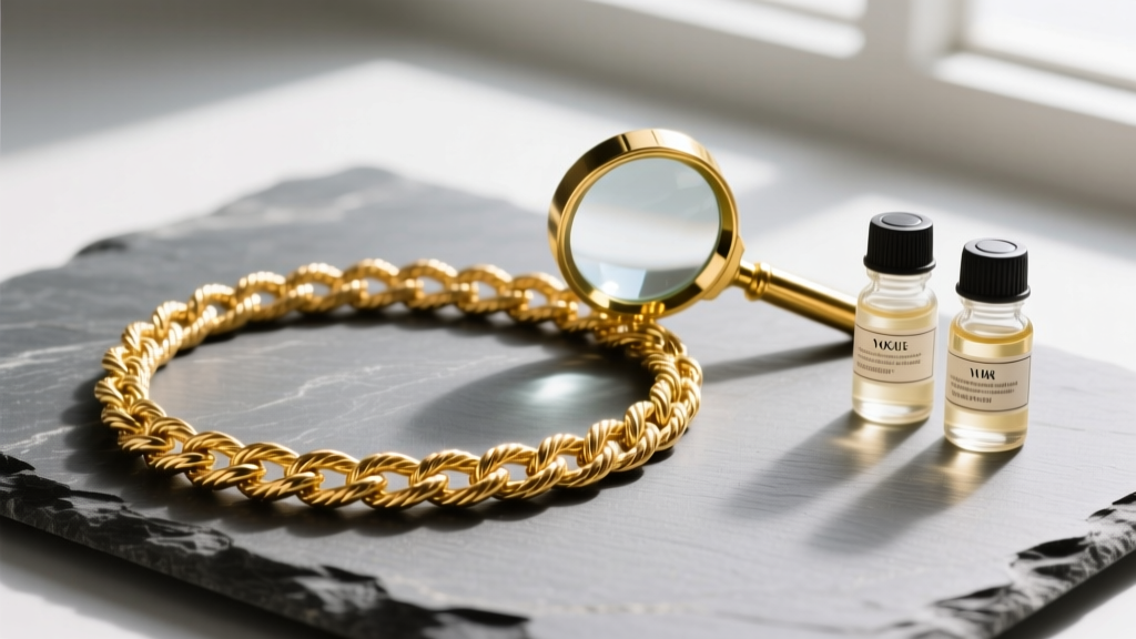 Close-up of 14k yellow gold rope chain on slate, beside a gold testing loupe and acid bottles in soft light.