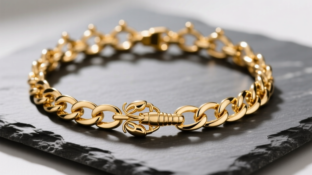 14k gold triple crown necklace with three strands on slate, showing detailed chain links and a secure lobster clasp.
