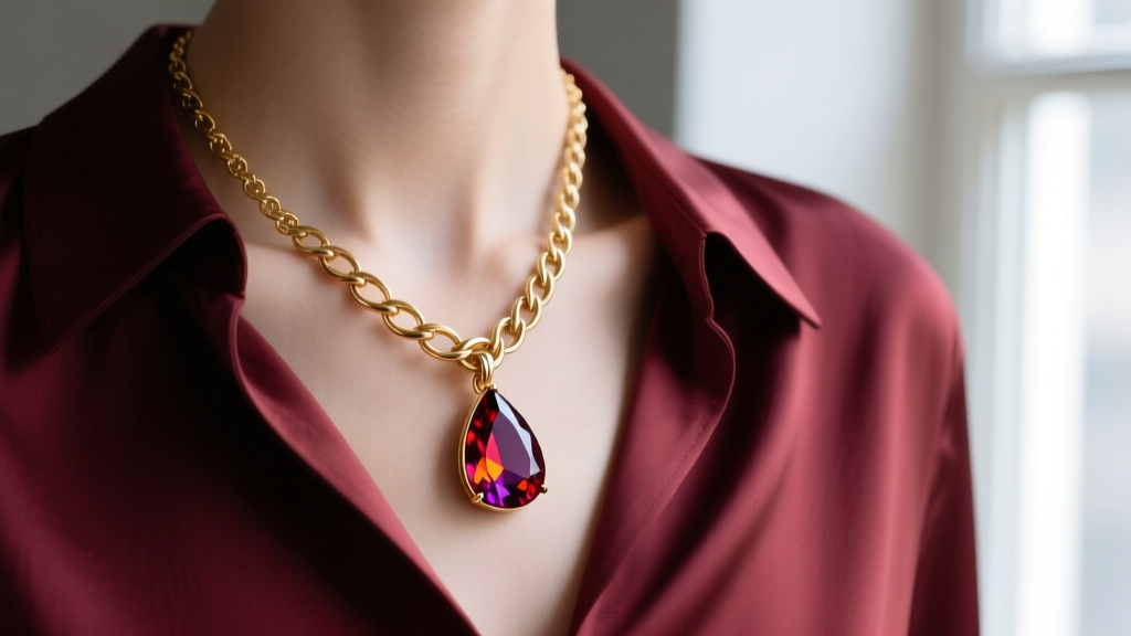Close-up of an asymmetric gold lariat necklace with a large pear-cut Mozambican ruby resting on a silk blouse near the collar.