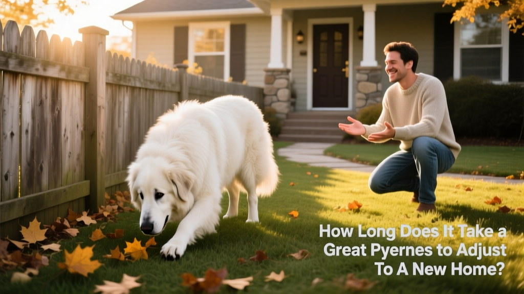A Great Pyrenees gently exploring a fenced backyard with a person standing nearby, offering quiet encouragement