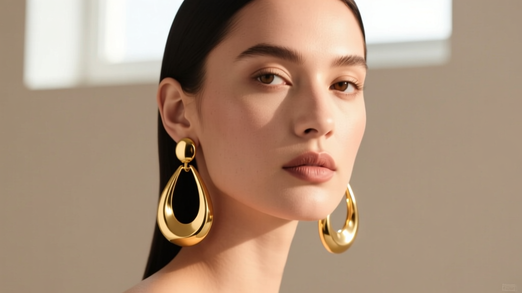 Close-up of a model wearing large hollow gold drop earrings, highlighting the earlobe and jawline against a soft beige backdrop.
