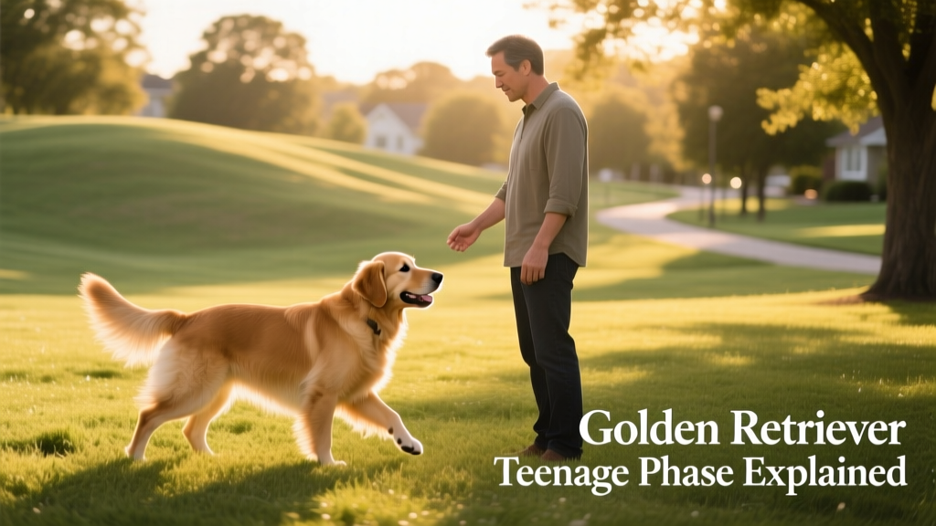 A calm, patient owner practicing recall training with their adolescent Golden Retriever in a grassy park