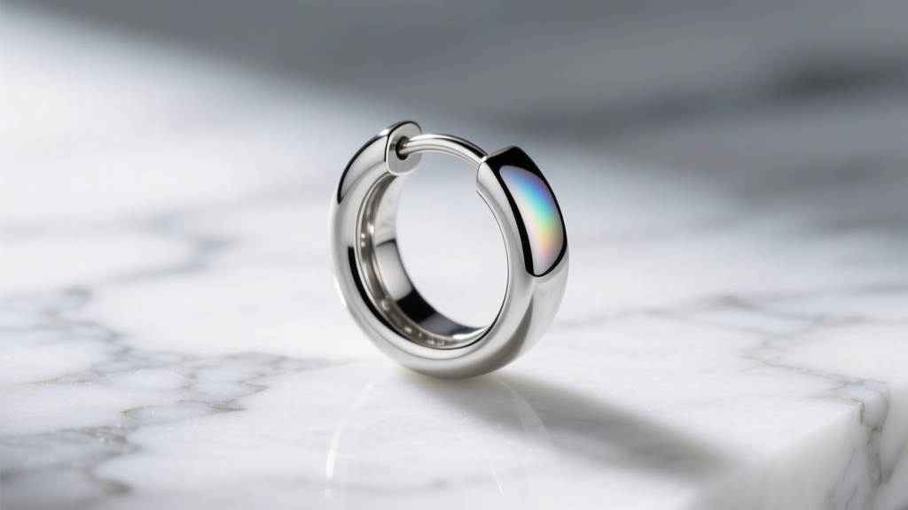 Close-up of a polished PVD-coated 316L stainless steel huggie earring reflecting soft studio lighting on a marble surface