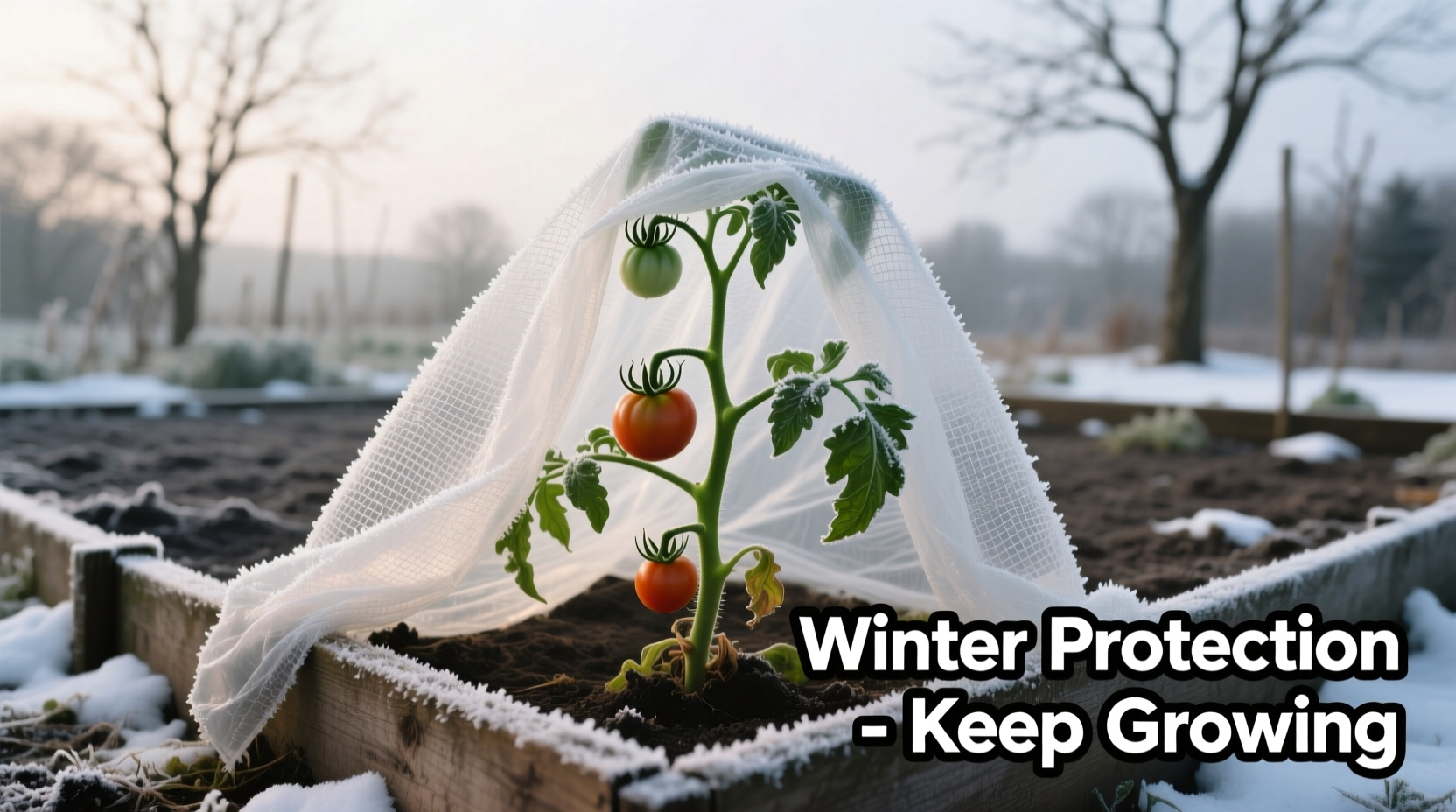 Tomato plant protected with frost cloth during winter