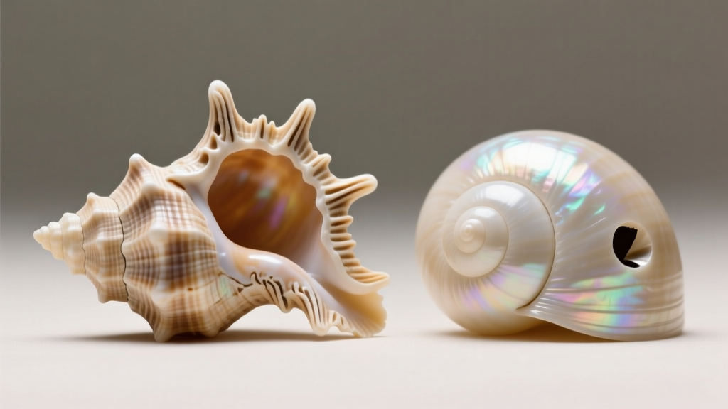 Macro photo comparing the asymmetrical natural hole of a true cone snail puka shell next to a uniformly drilled imitation shell