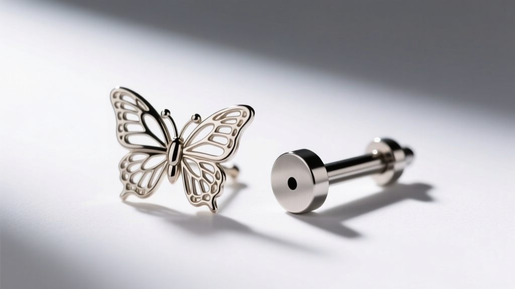 Macro shot comparing a standard butterfly earring back to a smooth titanium flat-back labret post under bright studio lighting