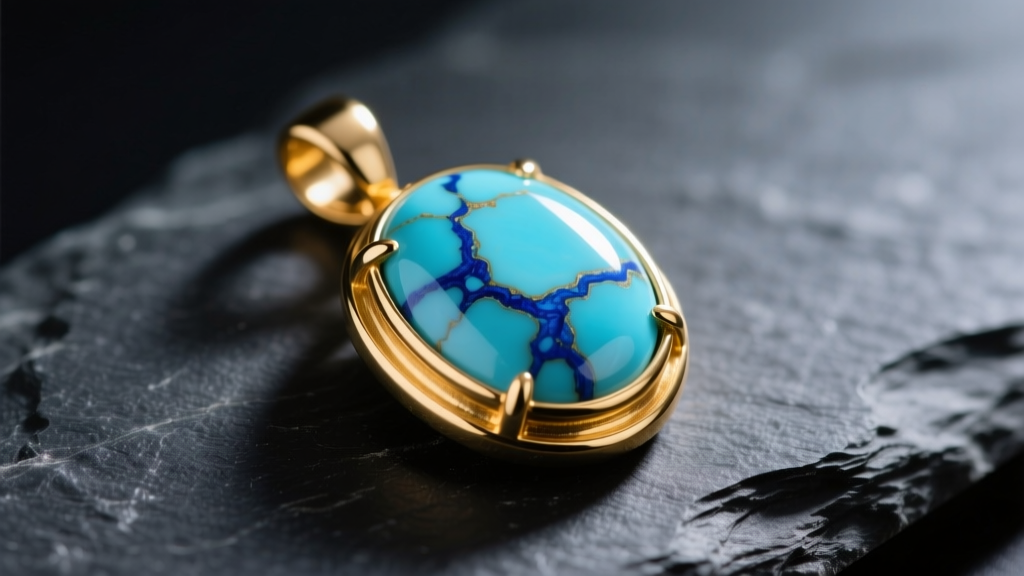 Macro shot of a 14k gold bezel-set natural turquoise pendant resting on dark slate under soft, warm directional lighting.
