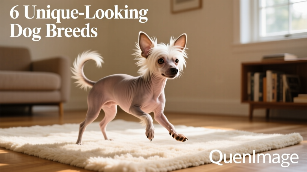 A Chinese Crested dog — one hairless variety with tufts on head, tail, and feet — posing playfully on a soft rug