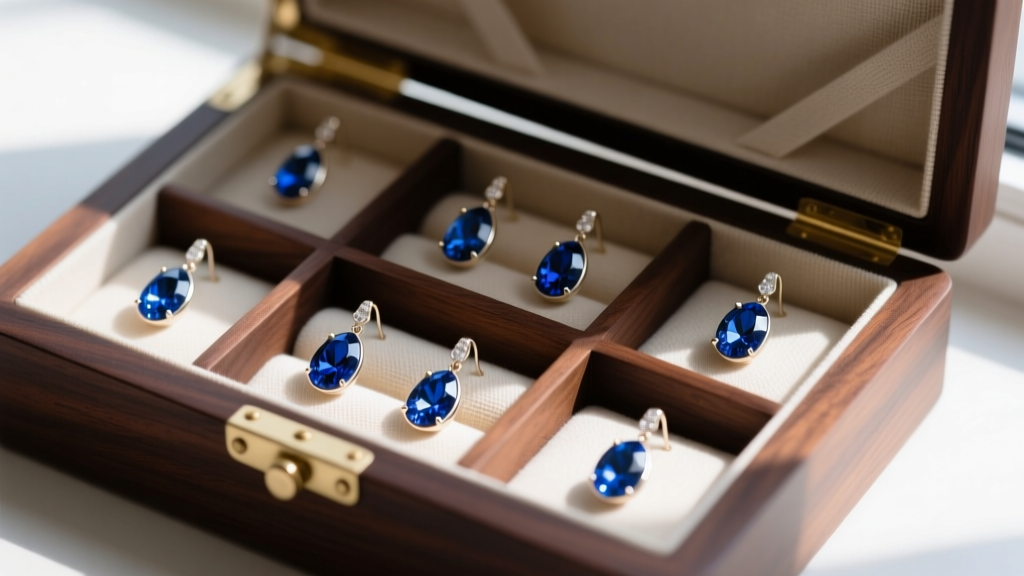 Lined wooden jewelry box with individual compartments showcasing bezel-set Montana sapphire drop earrings stored safely apart.