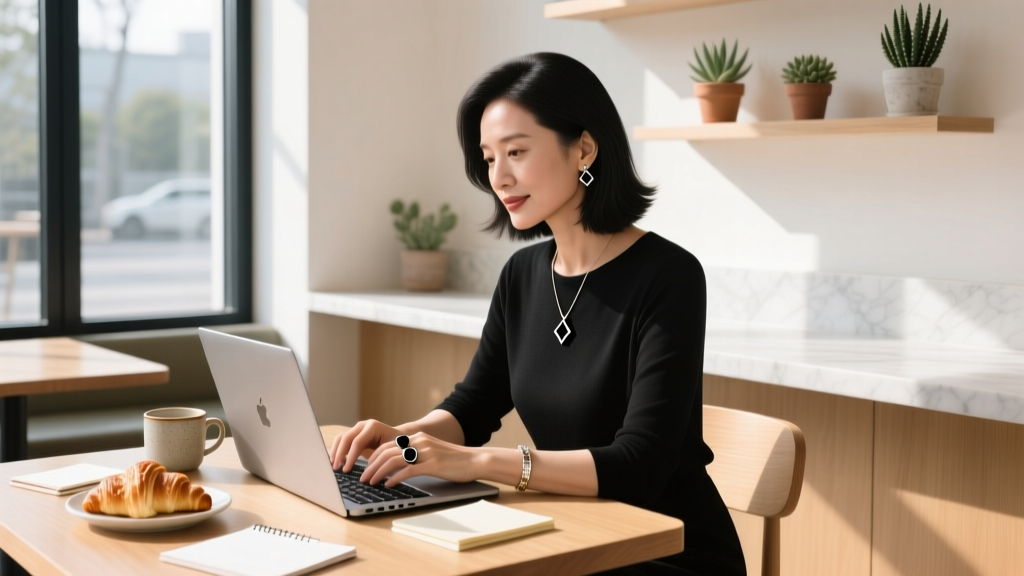 Elegant woman wearing a matte black smart ring and minimalist smart jewelry while working on a laptop in a sunlit modern cafe