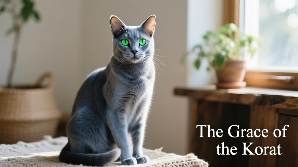 A mature Korat cat sitting alertly, showcasing its heart-shaped head and luminous green eyes