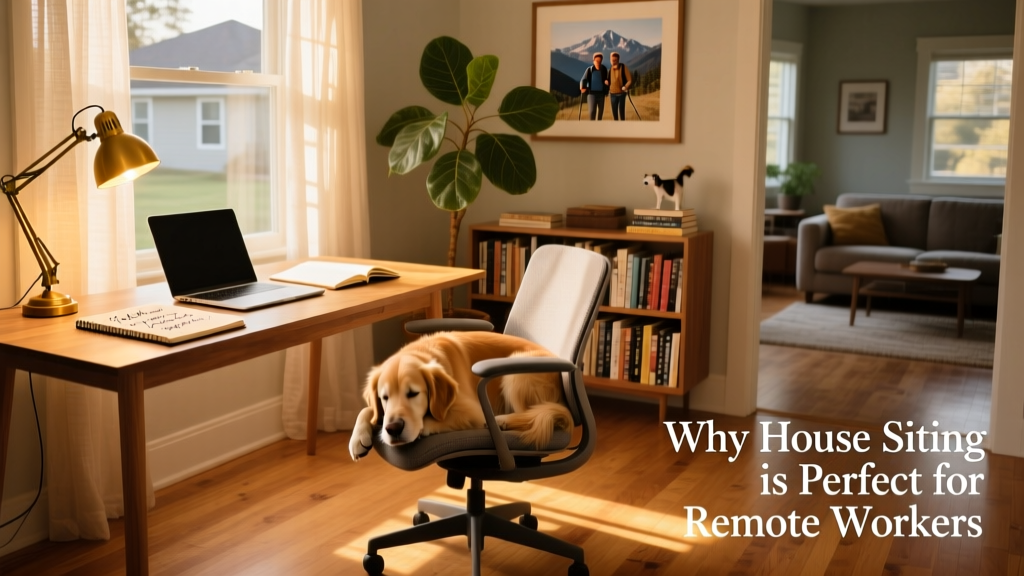 A cozy, sun-drenched home office setup with laptop, notebook, and a gentle-eyed dog resting beside the chair