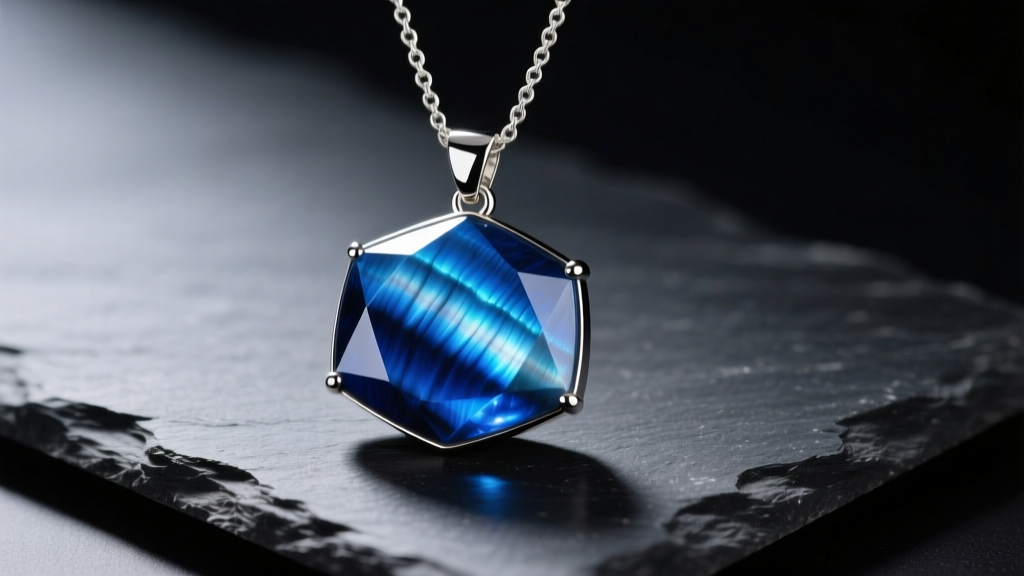 Close-up of a polished blue tigers eye pendant on a silver chain, resting on dark slate, showcasing its shimmering chatoyant band.