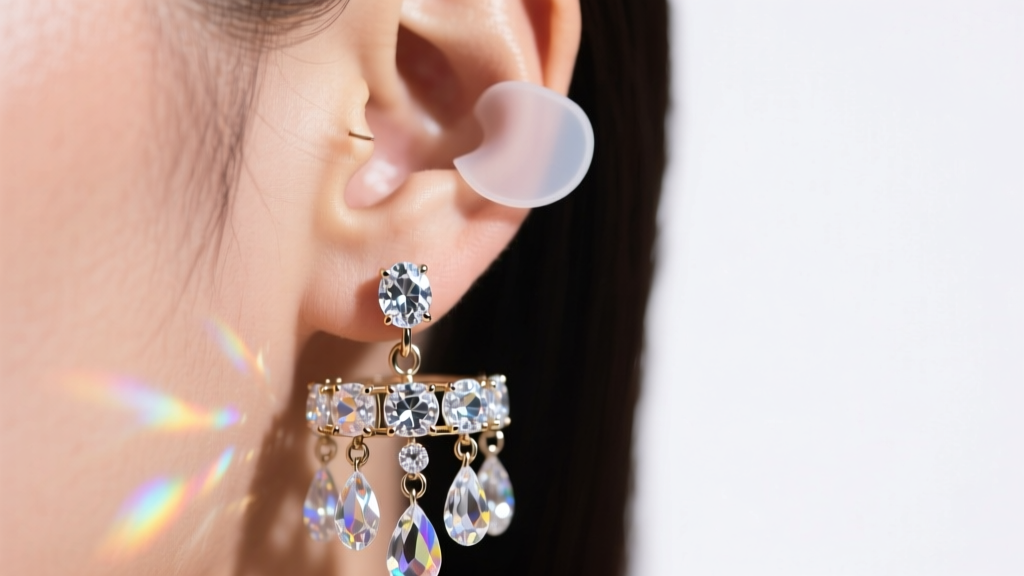Macro shot of a clear silicone earlobe patch stabilizing a heavy gemstone chandelier earring on a pierced lobe under bright light.