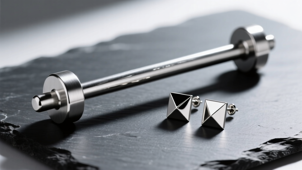 Flat lay of heavy 14-gauge sterling silver industrial barbell and minimalist geometric stud earrings on a dark slate surface