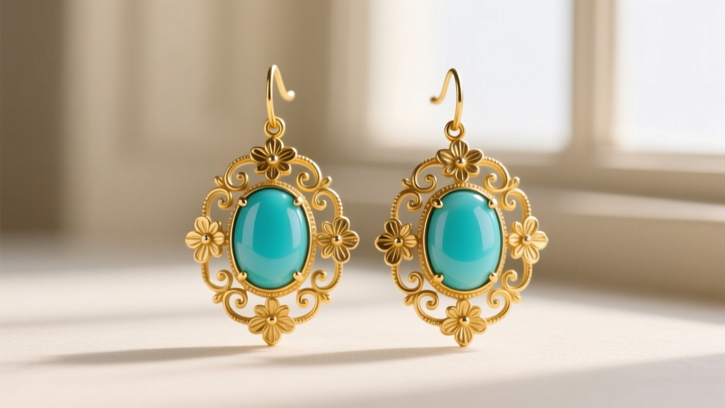 Authentic 1880s Victorian turquoise earrings with robin egg blue cabochons set in ornate 15k yellow gold with floral details