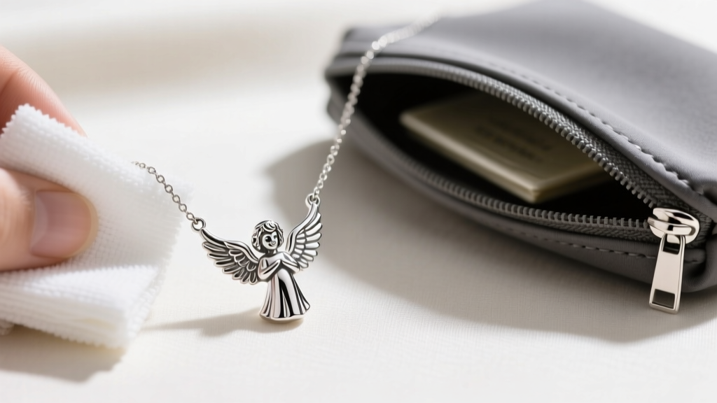 A polished 925 sterling silver angel necklace being gently wiped with a microfiber cloth next to an anti-tarnish storage pouch.