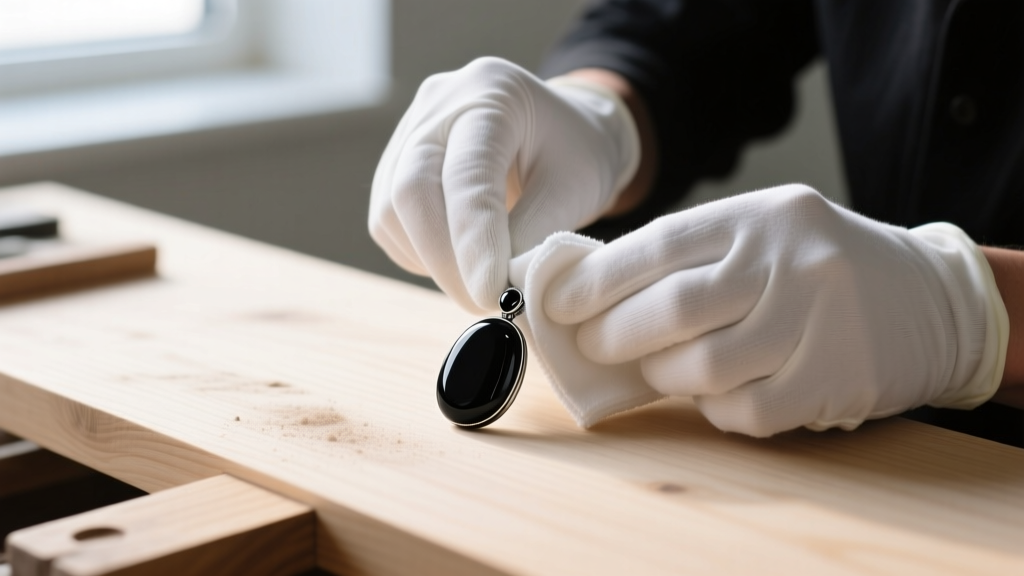 Jeweler in cotton gloves gently wiping a polished black onyx pendant with a damp microfiber cloth on a clean wooden workbench