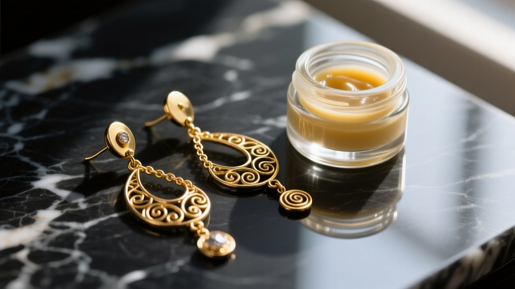 Close-up of eclectic gold-tone brass dangle earrings resting on dark marble next to a small glass jar of jewelry polishing wax.